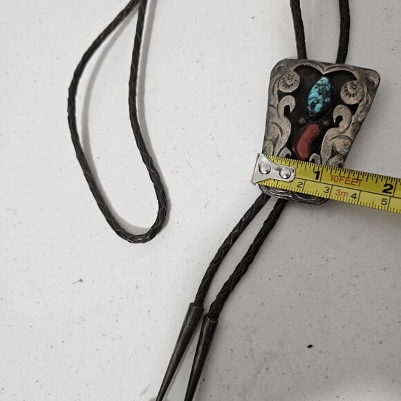 Vintage Navajo Bolo Tie Turquoise Coral Bennett Pat. Pend. Sterling - Picture 3 of 8